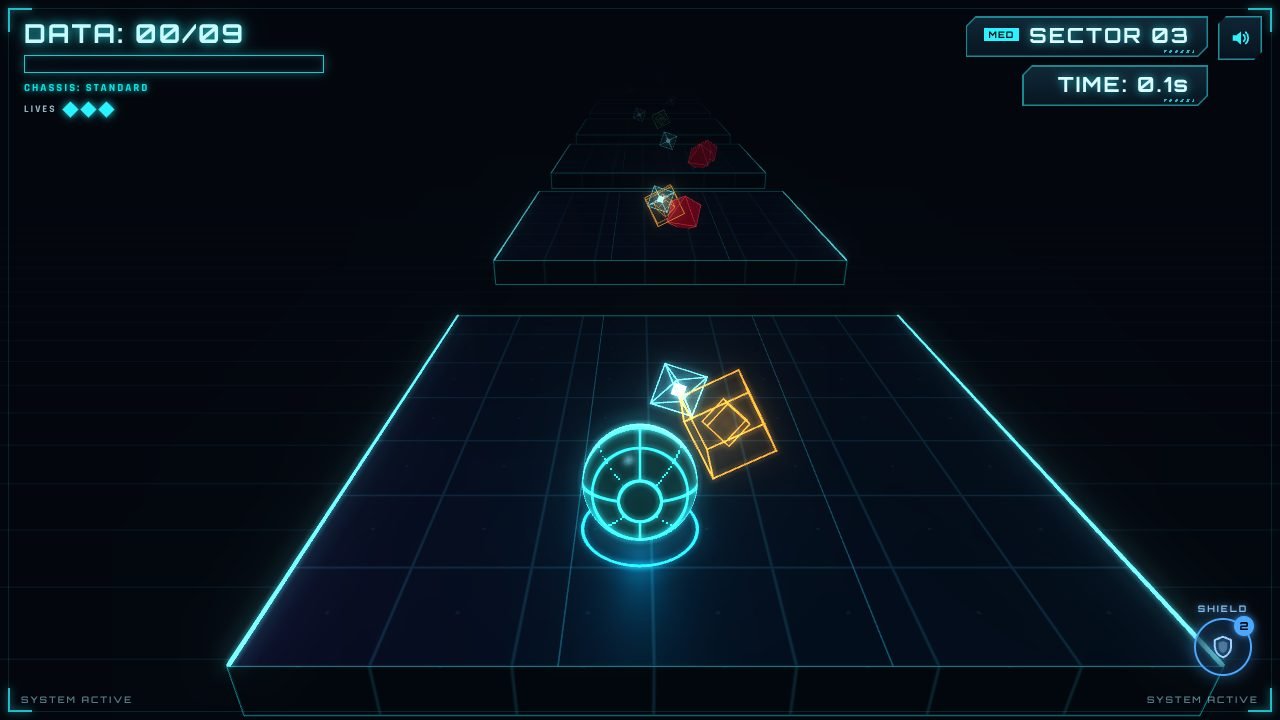 Neon Core on a computer: the glowing core rolls toward a cyan data crystal and an orange box, with red hurdles further down the track.