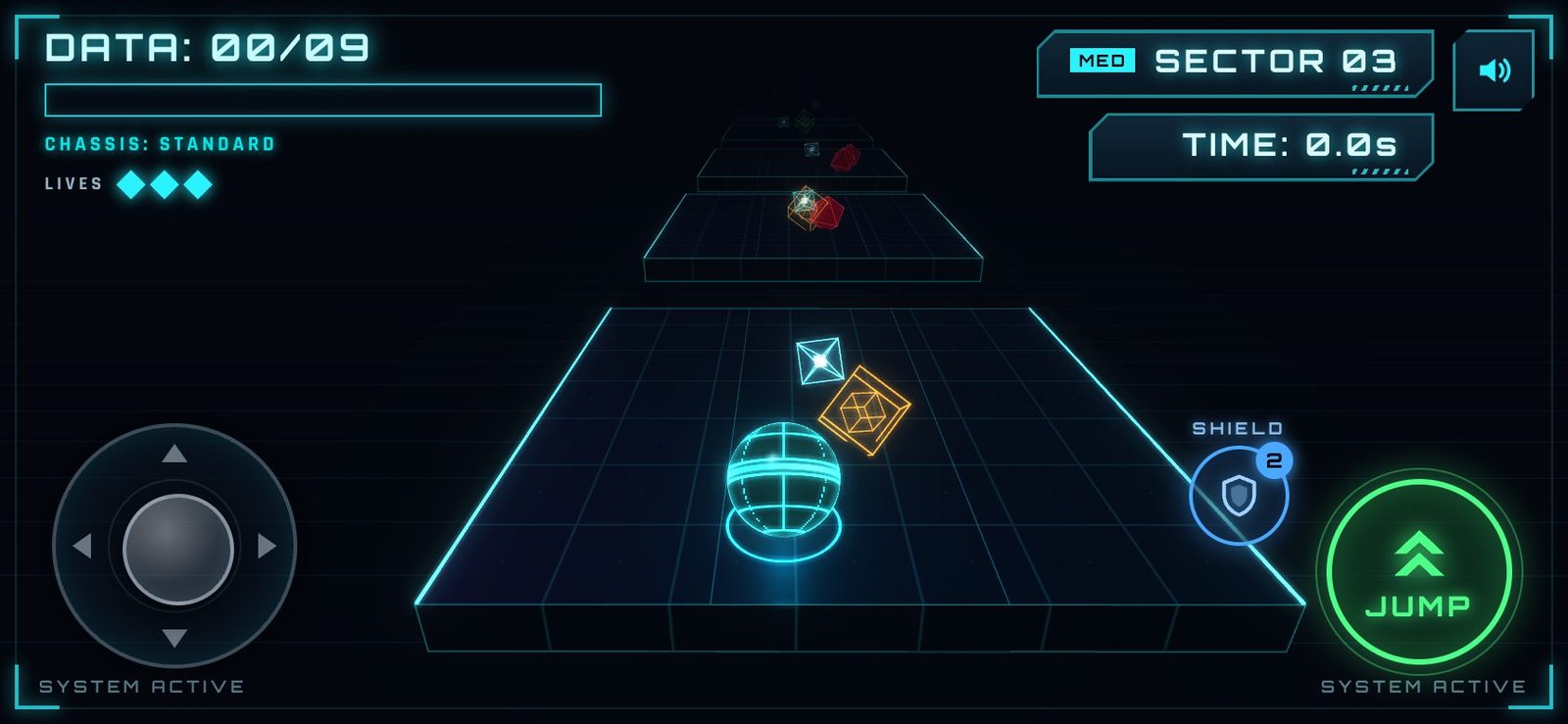 Neon Core on a phone held sideways: joystick on the left, shield and jump buttons on the right.